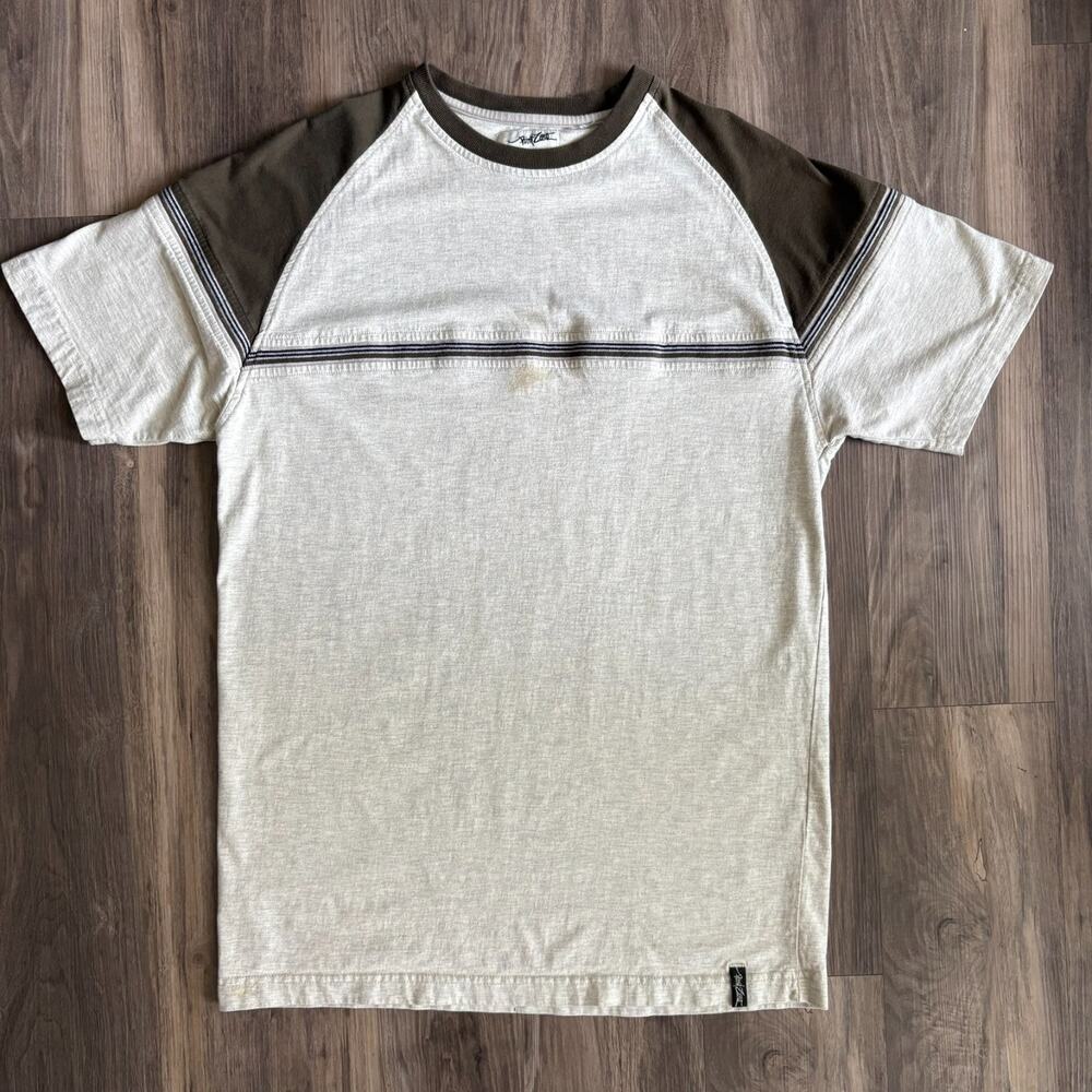 Vintage Point Zero T-Shirt Men's Size M Cream Green Striped Logo Skate Grunge